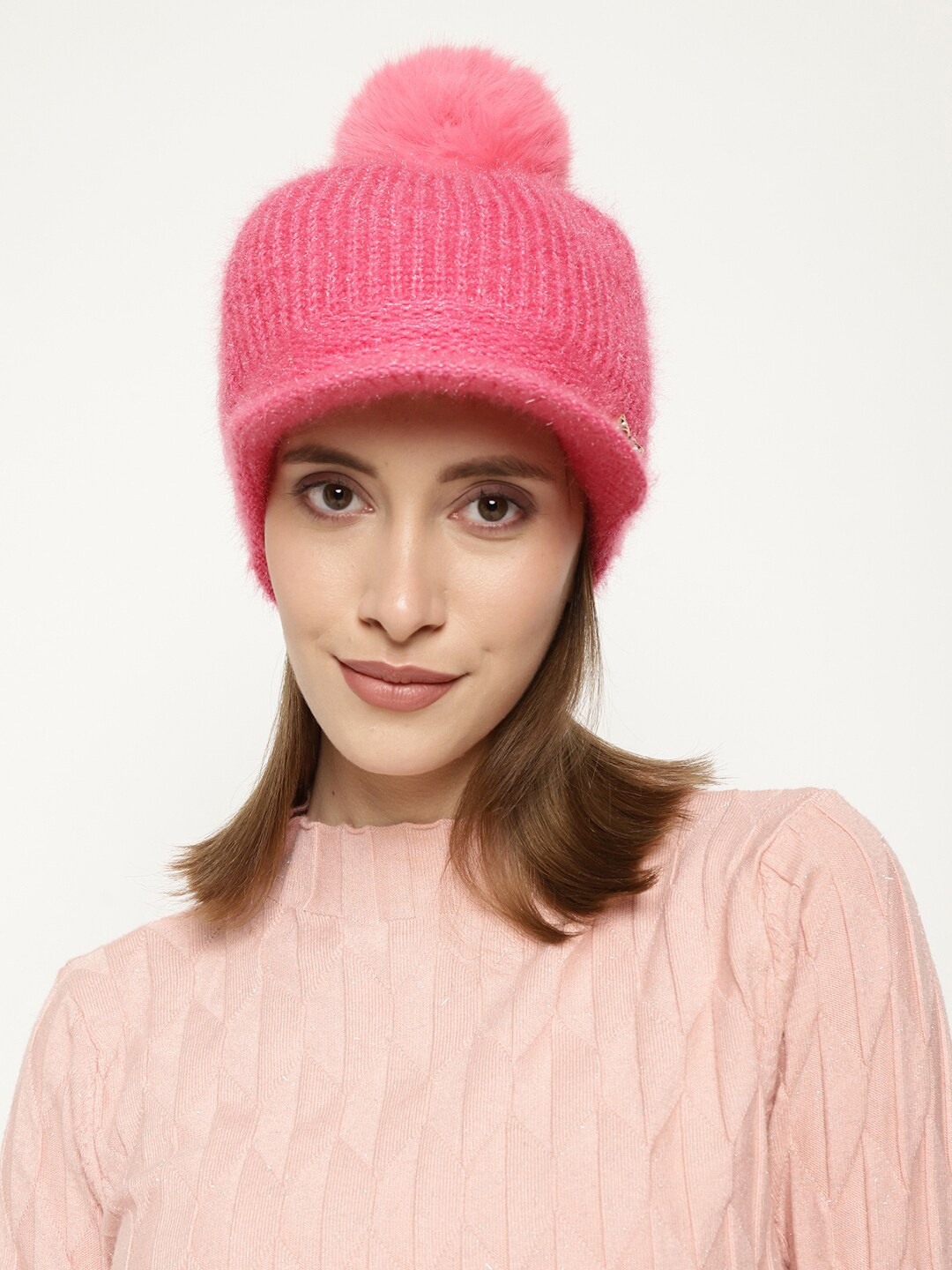 

Roadster Women Pink Self-Design Winter Woolen Visor Cap