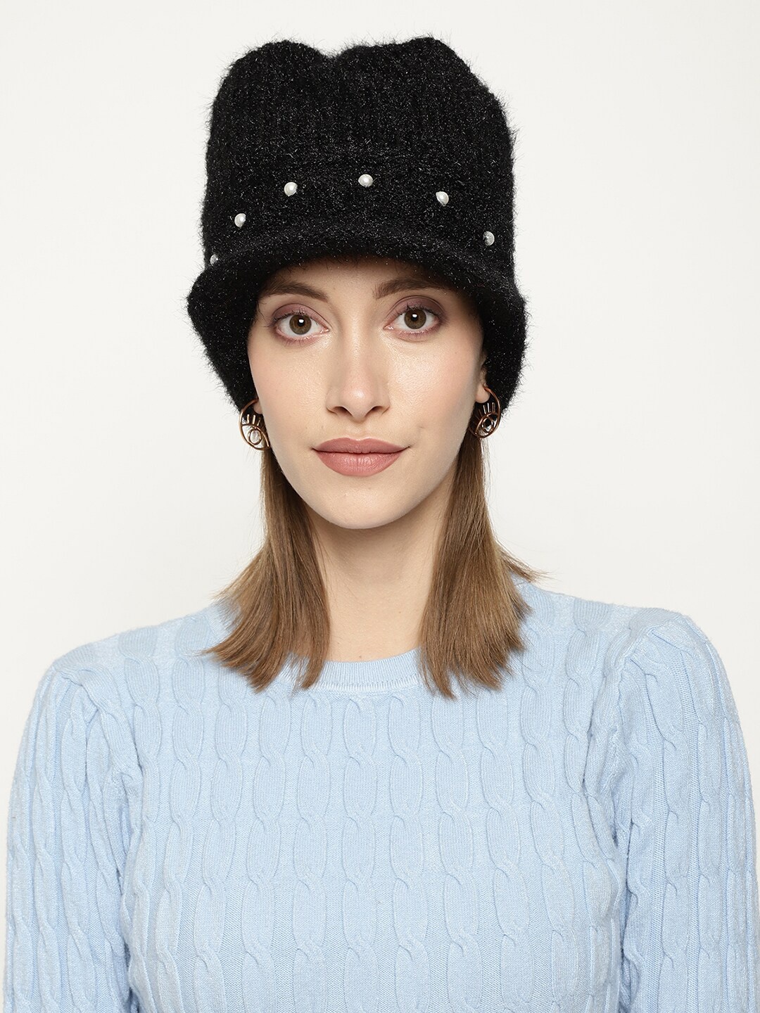 

Roadster Women Black Self-Design Woolen Beanie Visor Cap