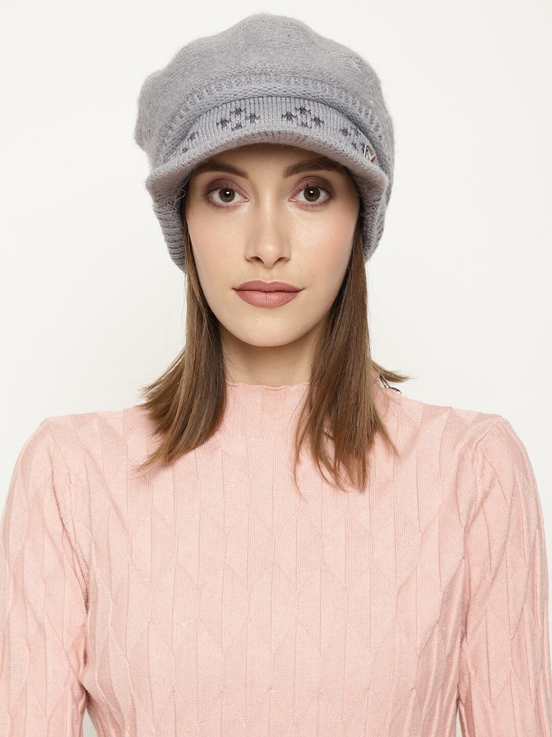 

Roadster Women Grey Self-Design Winter Woolen Visor Cap