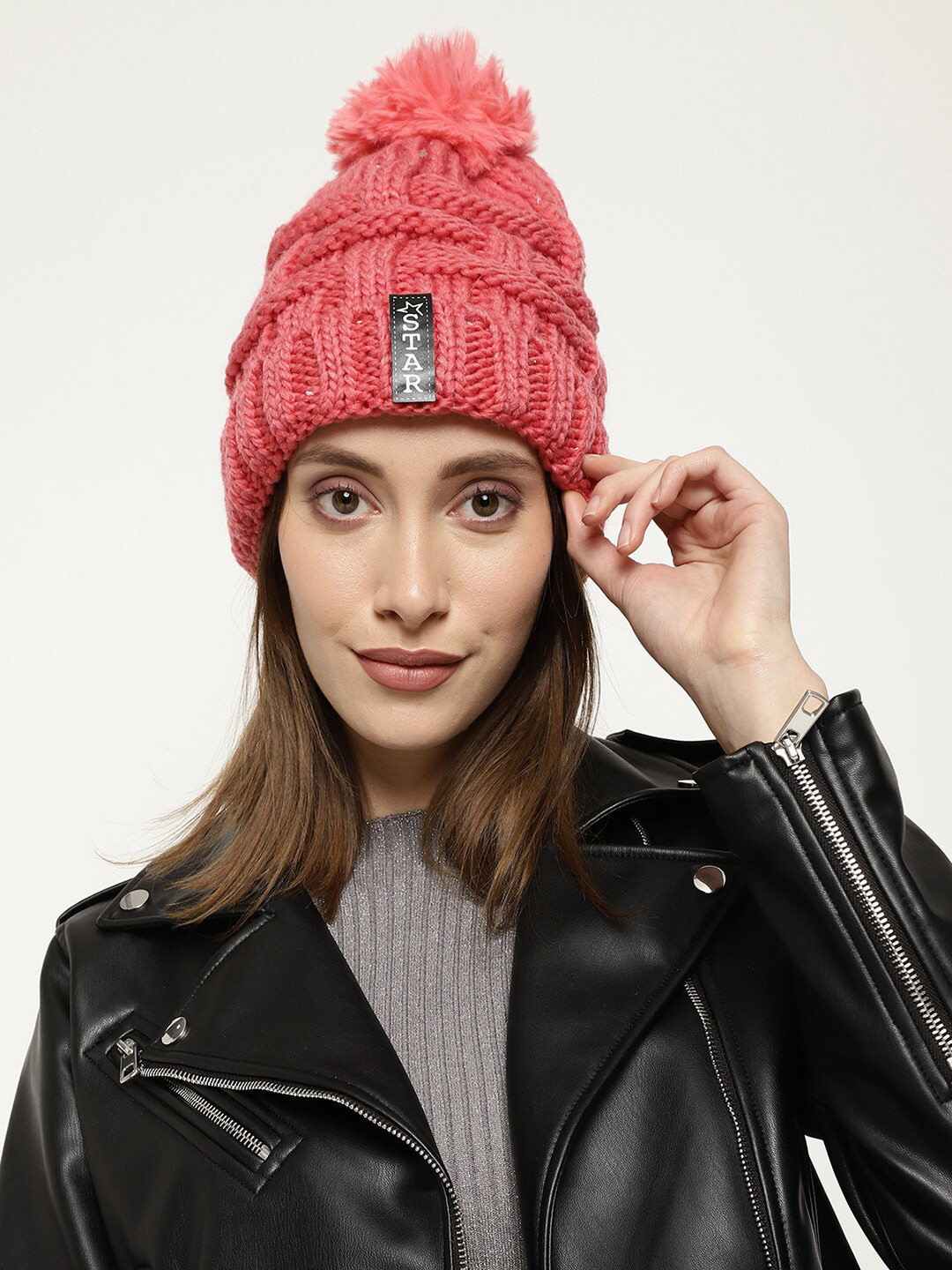 

Roadster Women Coral-Coloured Self-Design Winter Woolen Beanie