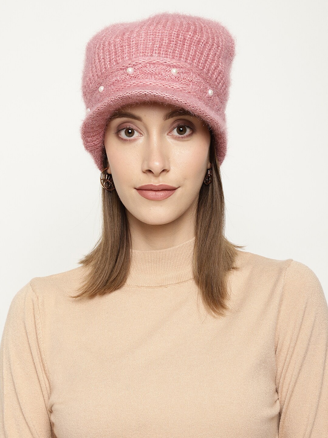 

Roadster Women Pink Self-Design Winter Woolen Visor Cap