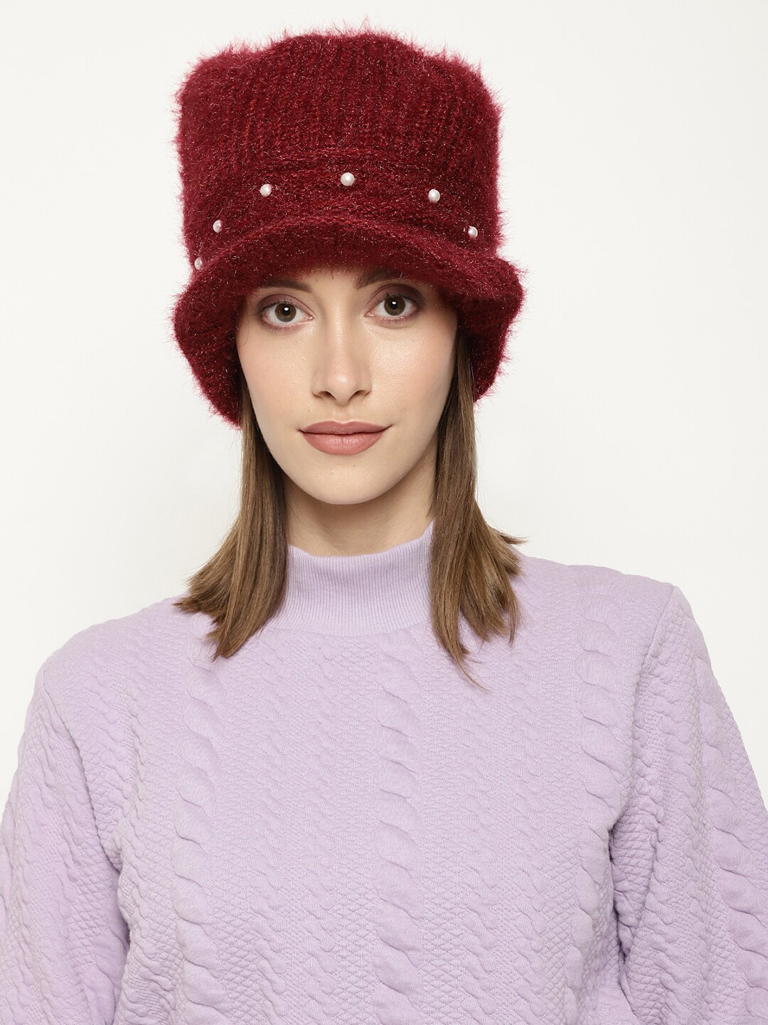 

Roadster Women Maroon Self-Design Winter Woolen Visor Cap