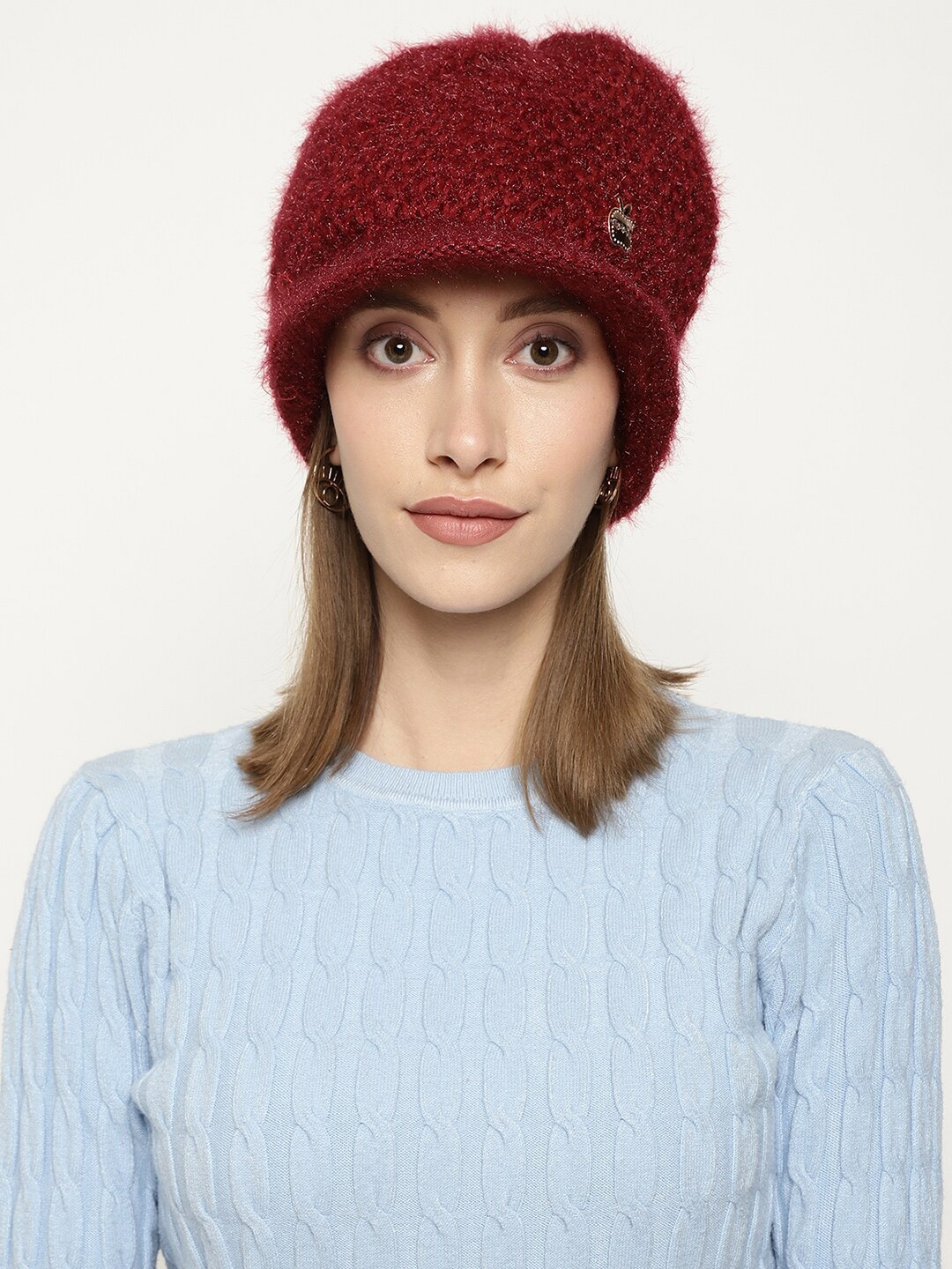 

Roadster Women Maroon Self-Design Winter Woolen Visor Cap