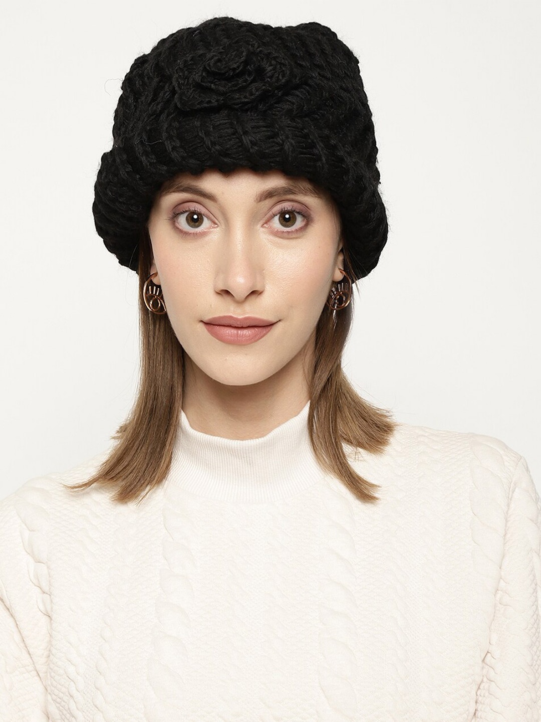 

Roadster Women Black Self-Design Woolen Beanie Cap