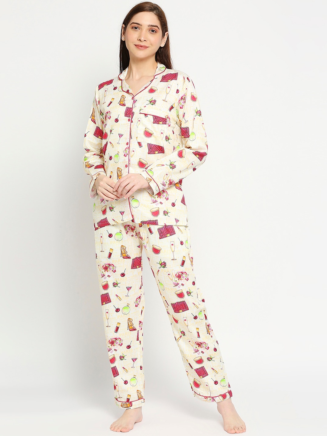 

Pyjama Party Women Printed Cotton Night suit, Yellow