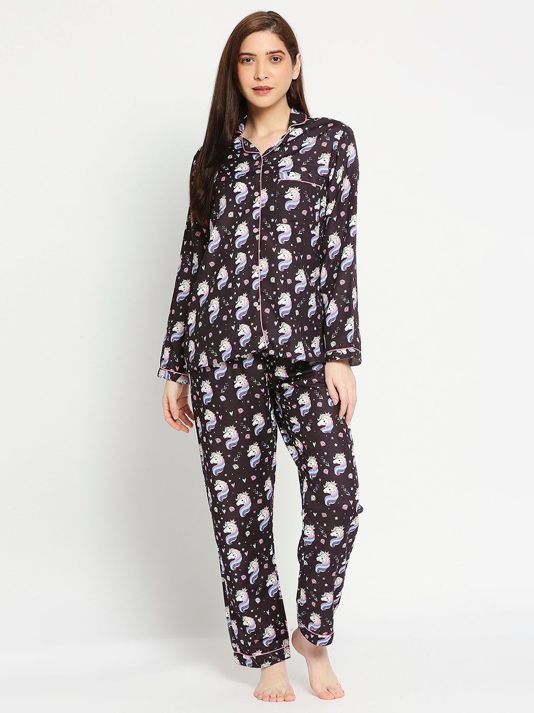 

Pyjama Party Women Black & White Printed Cotton Blend Night suit