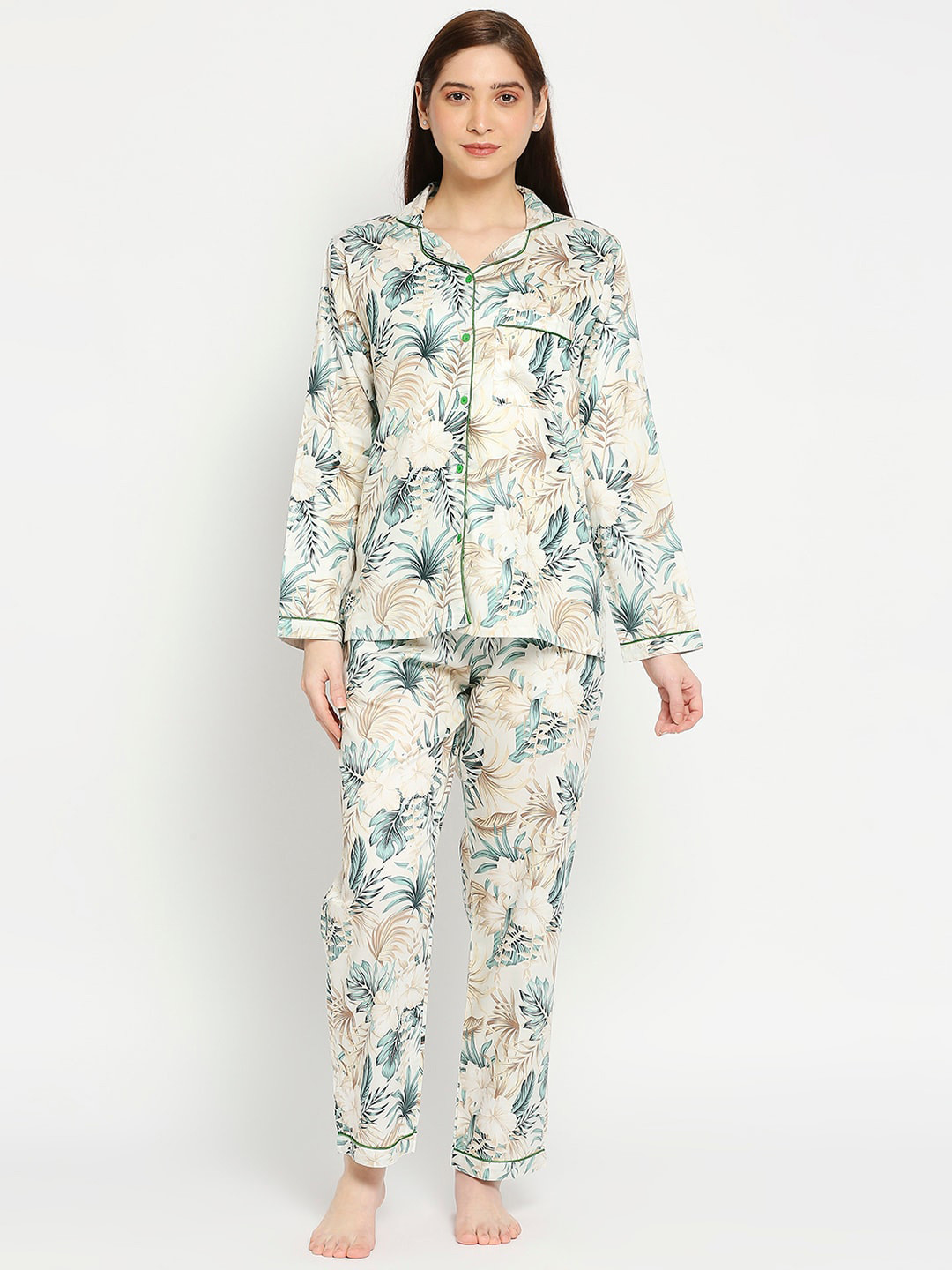 

Pyjama Party Women Printed Cotton Night suit, Cream