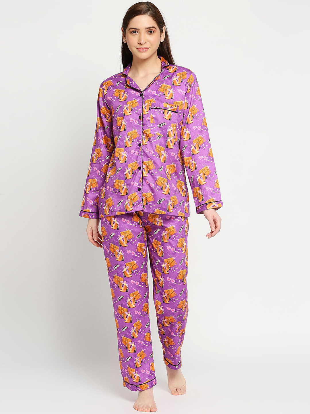 

Pyjama Party Women Printed Cotton Night suit, Purple