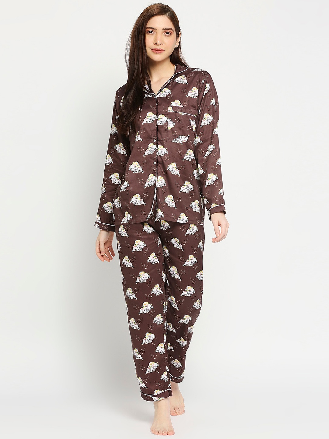 

Pyjama Party Women Printed Cotton Night suit, Brown