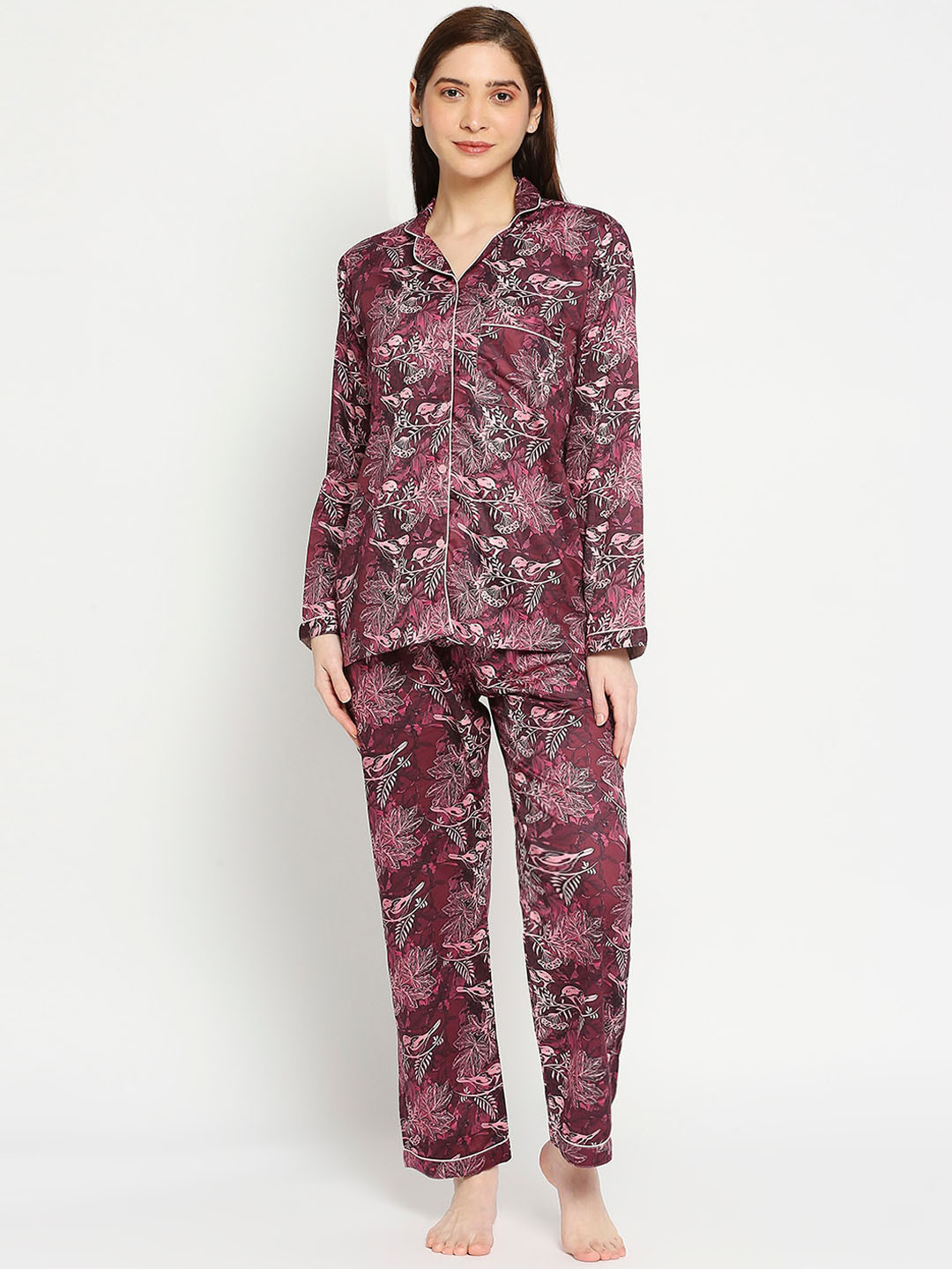 

Pyjama Party Women Printed Cotton Night suit, Maroon