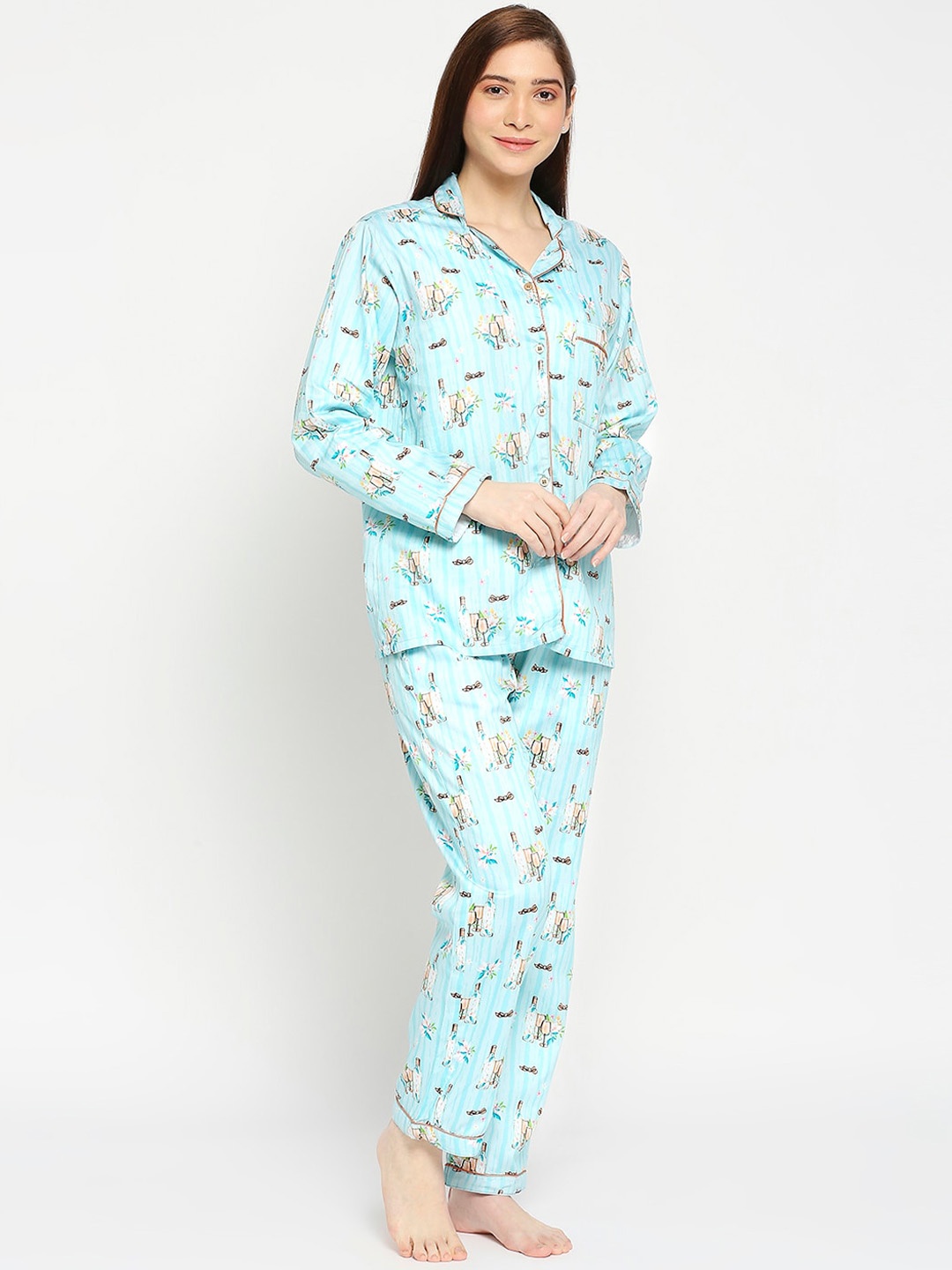 

Pyjama Party Women Printed Cotton Night suit, Blue
