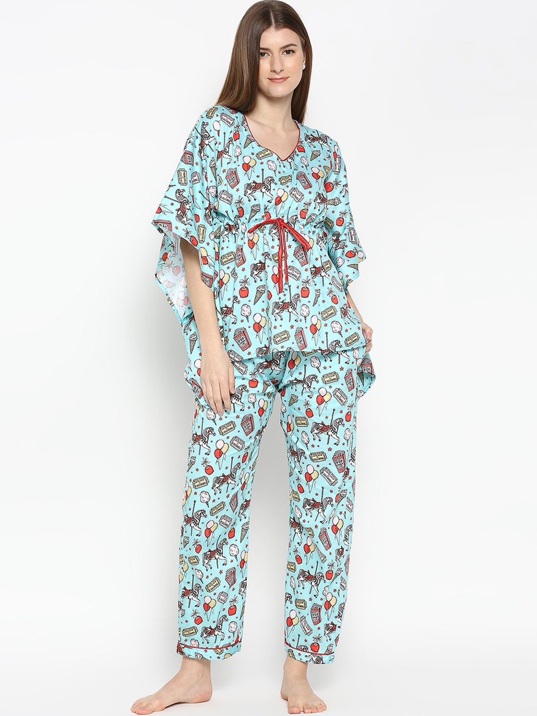 

Pyjama Party Women Printed Pure Cotton Kaftan Night suit, Turquoise blue