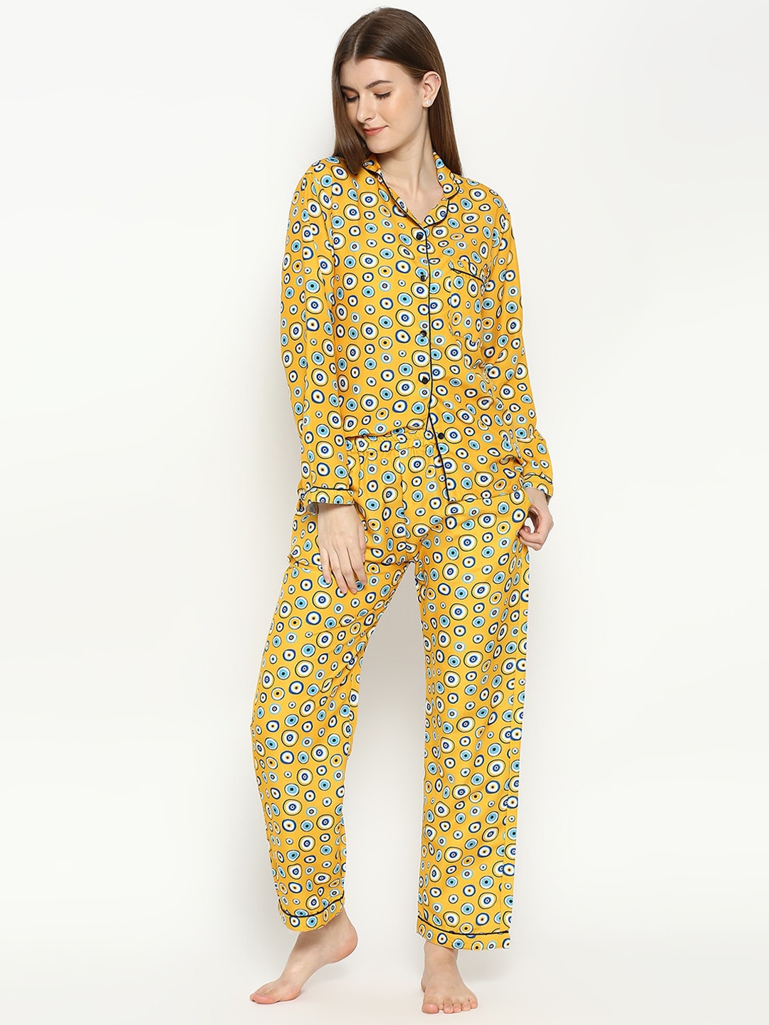 

Pyjama Party Women Cotton Blend Printed Night suit, Mustard