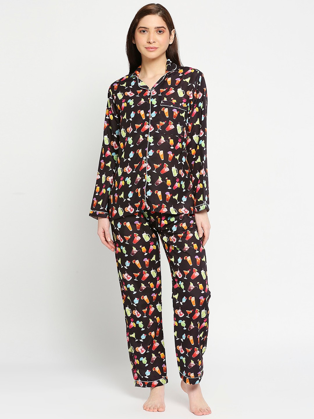 

Pyjama Party Women Cotton Blend Printed Night suit, Black