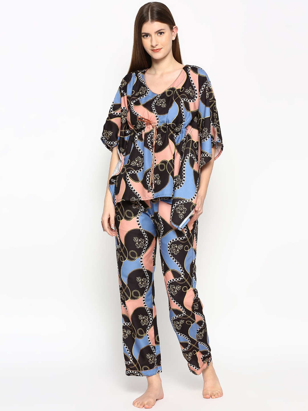 

Pyjama Party Women Cotton Blend Printed Night suit, Black