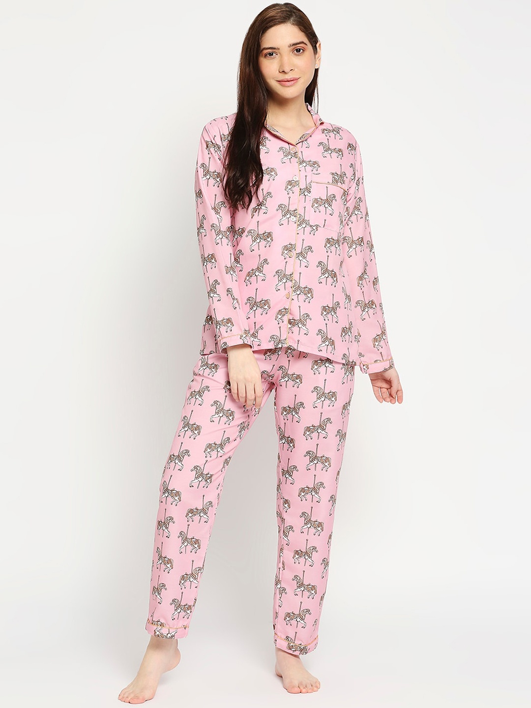 

Pyjama Party Women Cotton Blend Printed Night suit, Pink