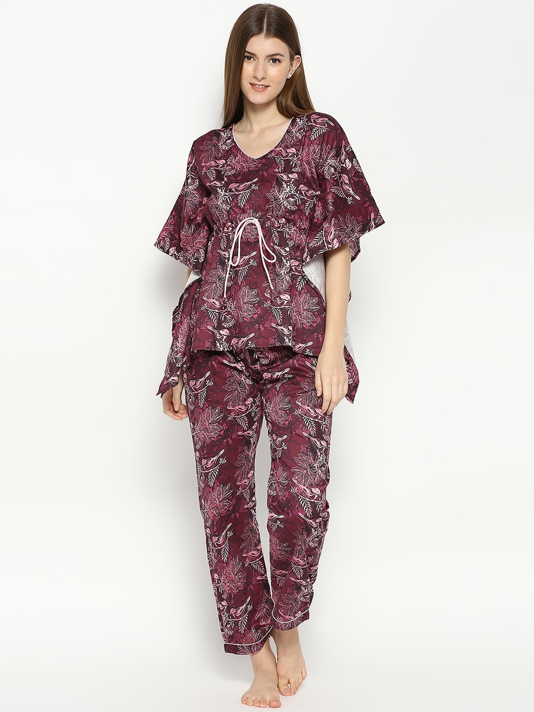 

Pyjama Party Women Pure Cotton Printed Kaftan Night suit, Maroon