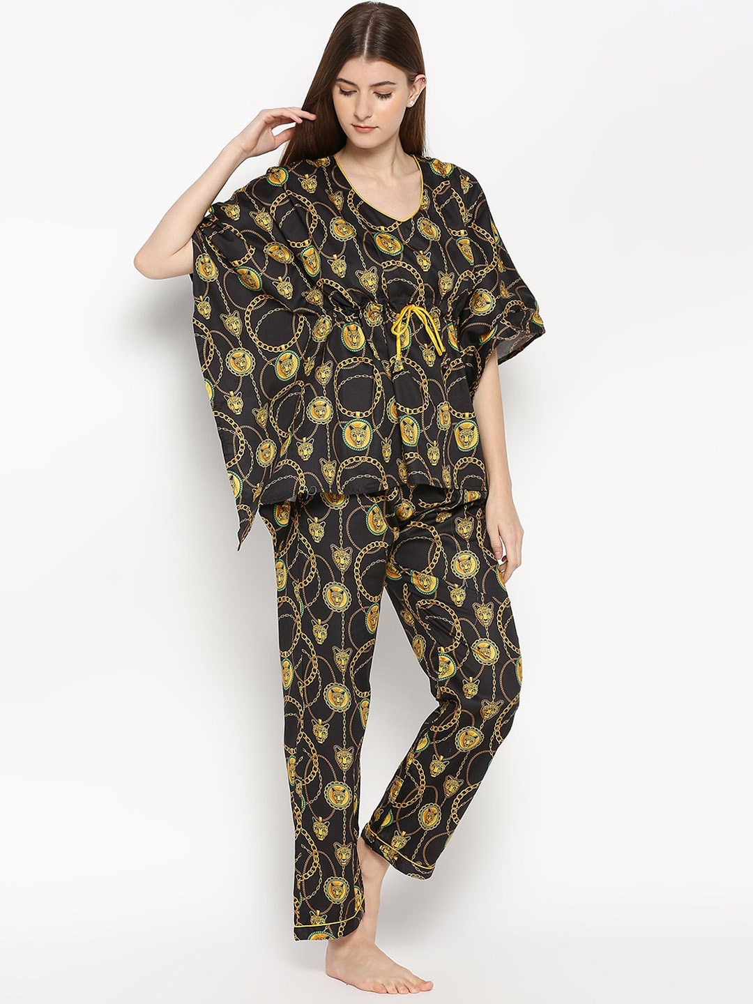 

Pyjama Party Women Pure Cotton Printed Night suit, Black