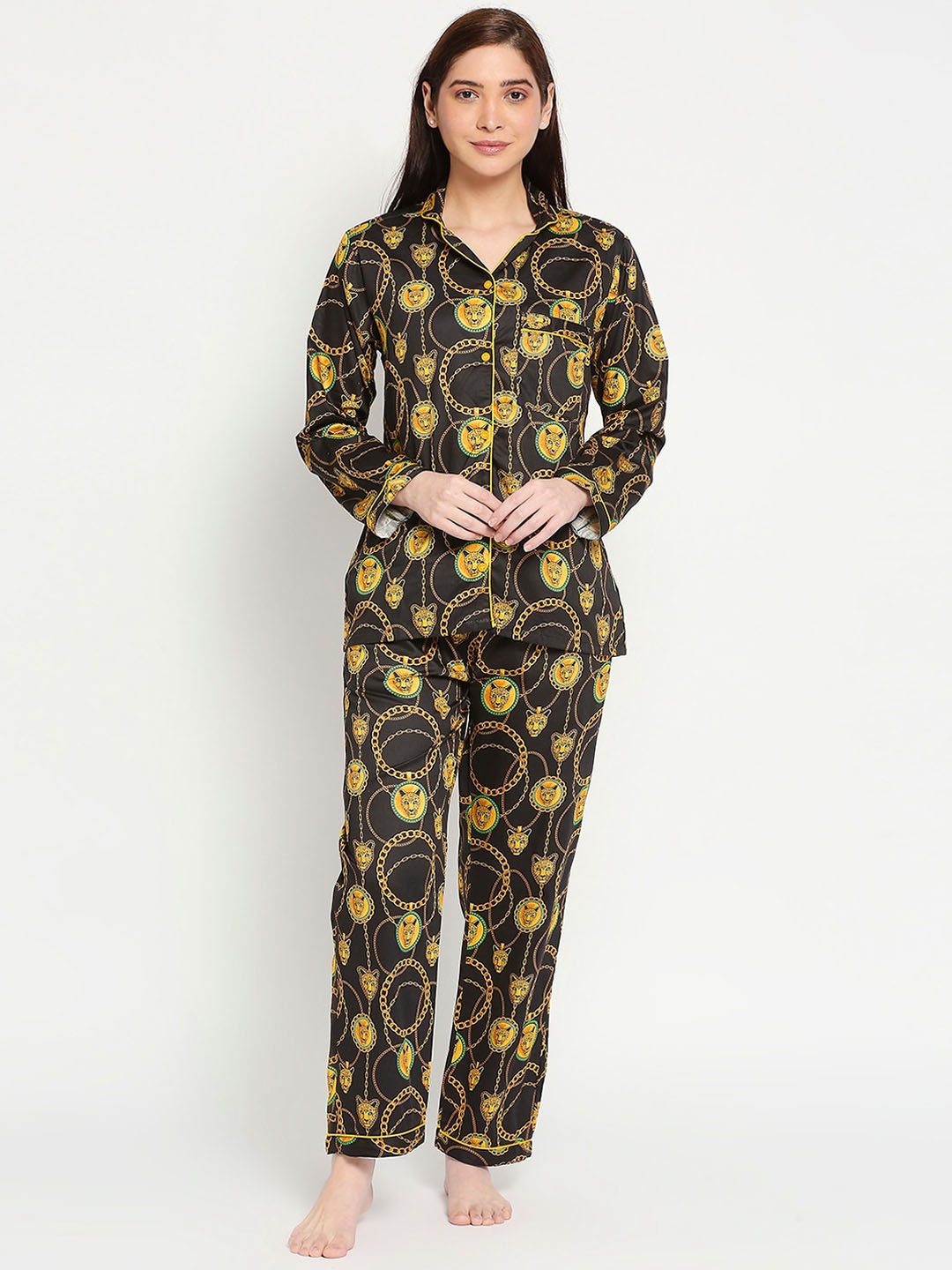 

Pyjama Party Women Pure Cotton Printed Night suit, Black