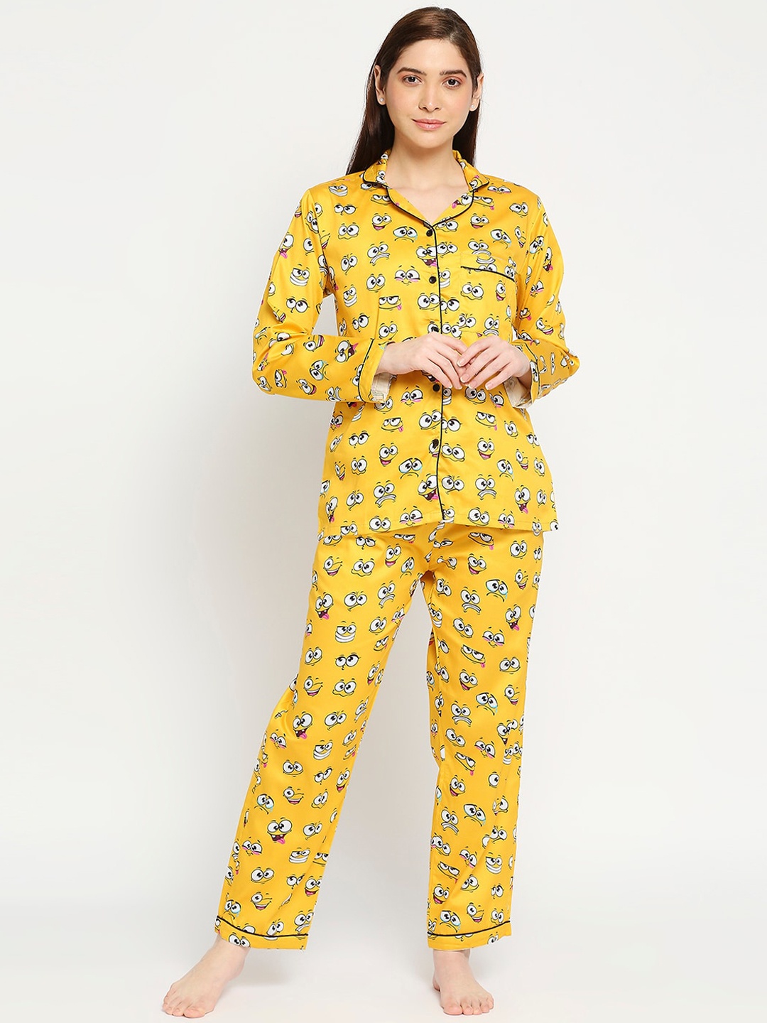 

Pyjama Party Women Pure Cotton Printed Night suit, Yellow