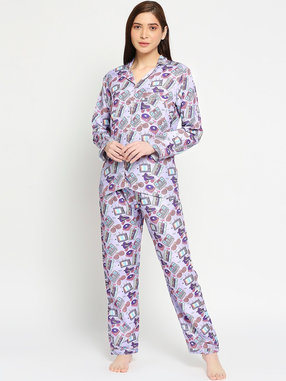 

Pyjama Party Women Cotton Blend Printed Night suit, Lavender