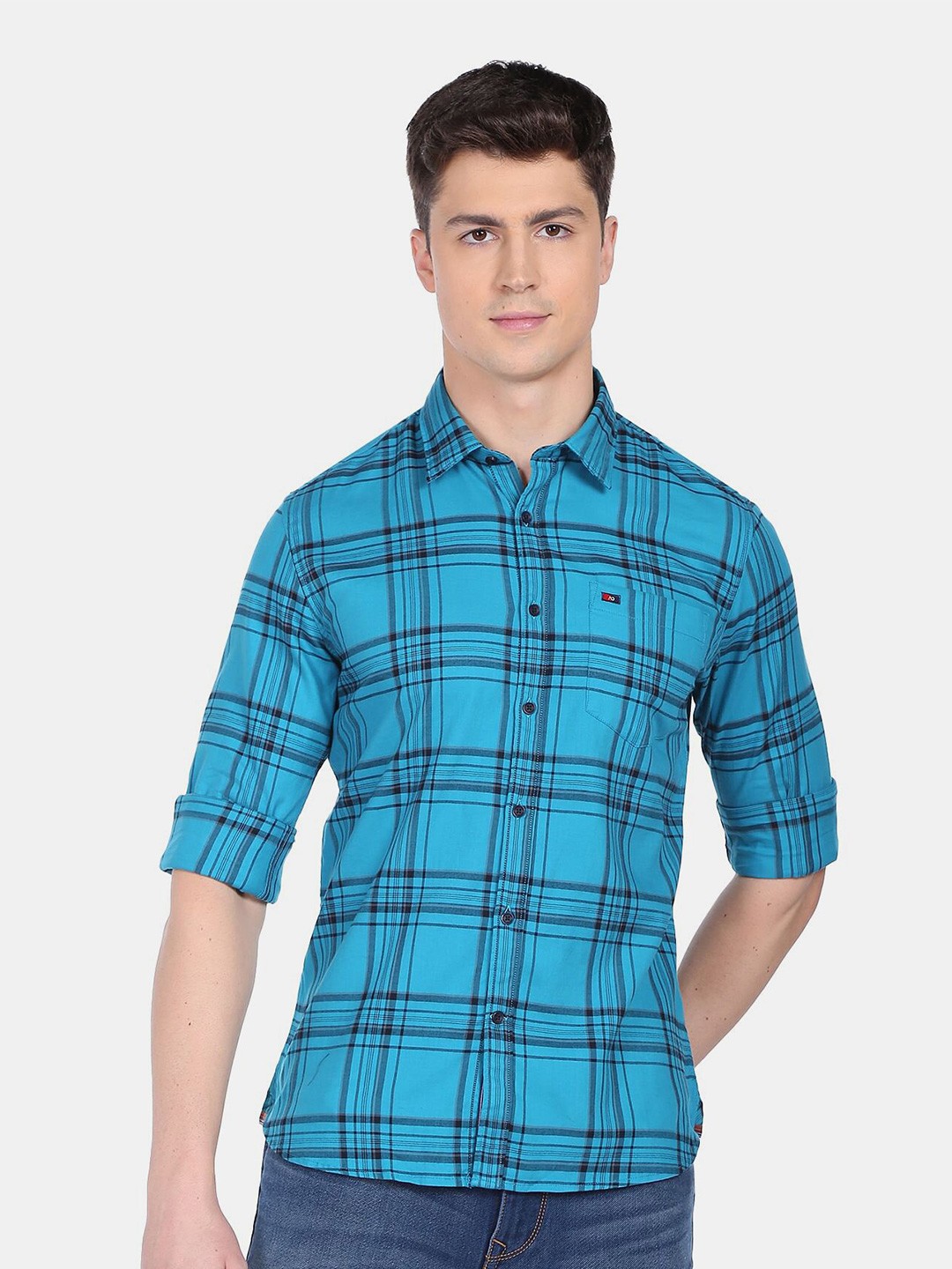 

AD By Arvind Men Cotton Slim Fit Windowpane Checks Checked Casual Shirt, Blue