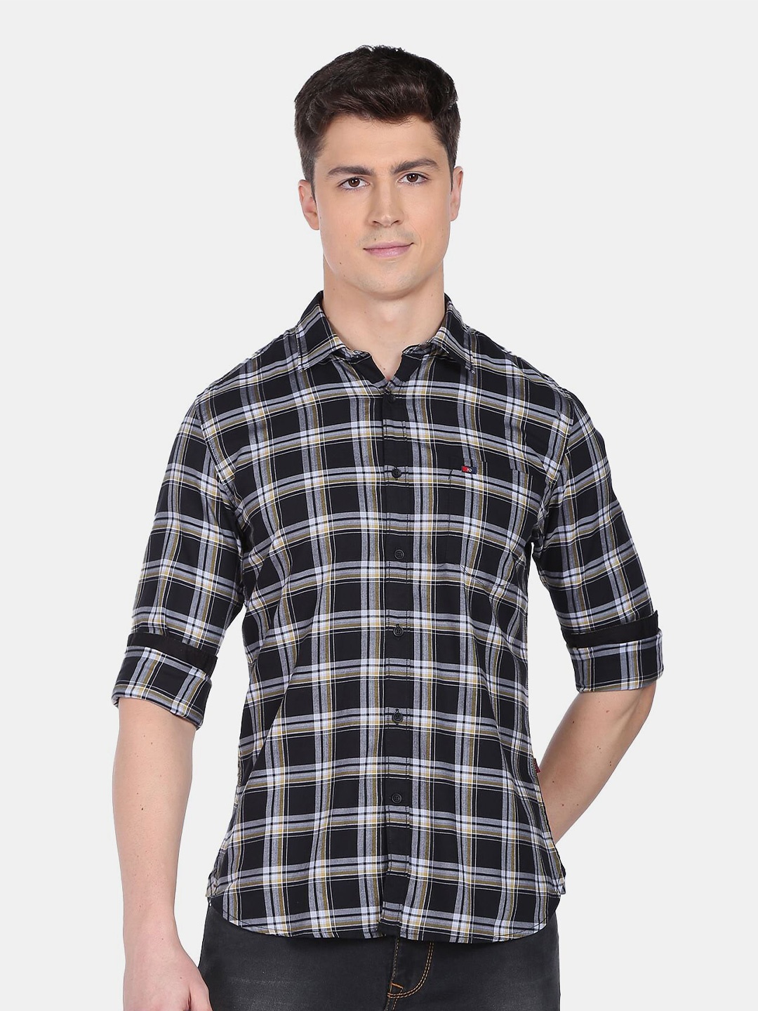 

AD By Arvind Men Black Cotton Slim Fit Tartan Checks Checked Casual Shirt