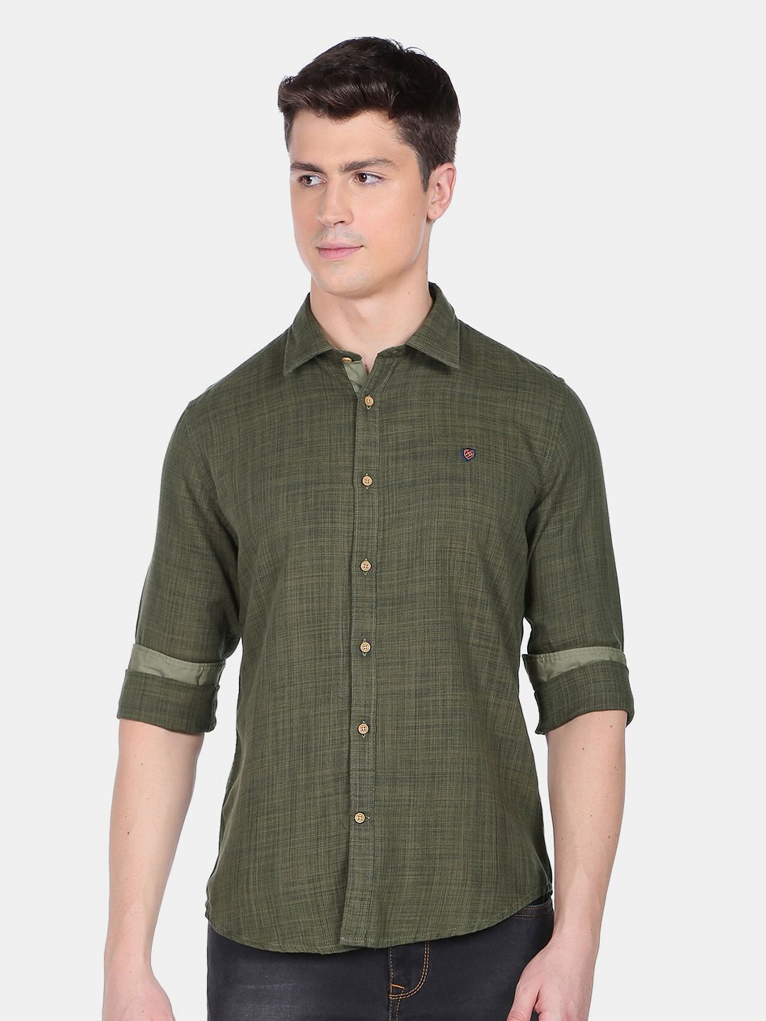 

AD By Arvind Men Olive Green Cotton Solid Slim Fit Casual Shirt