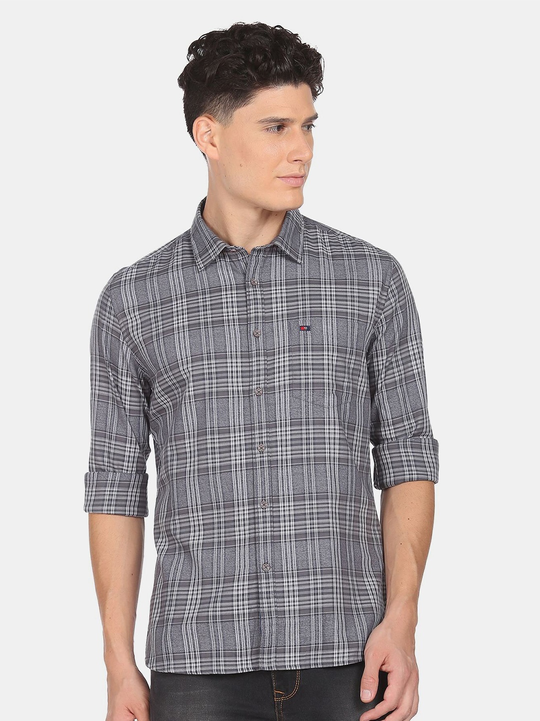 

AD By Arvind Men Cotton Slim Fit Grid Tattersall Checks Checked Casual Shirt, Grey