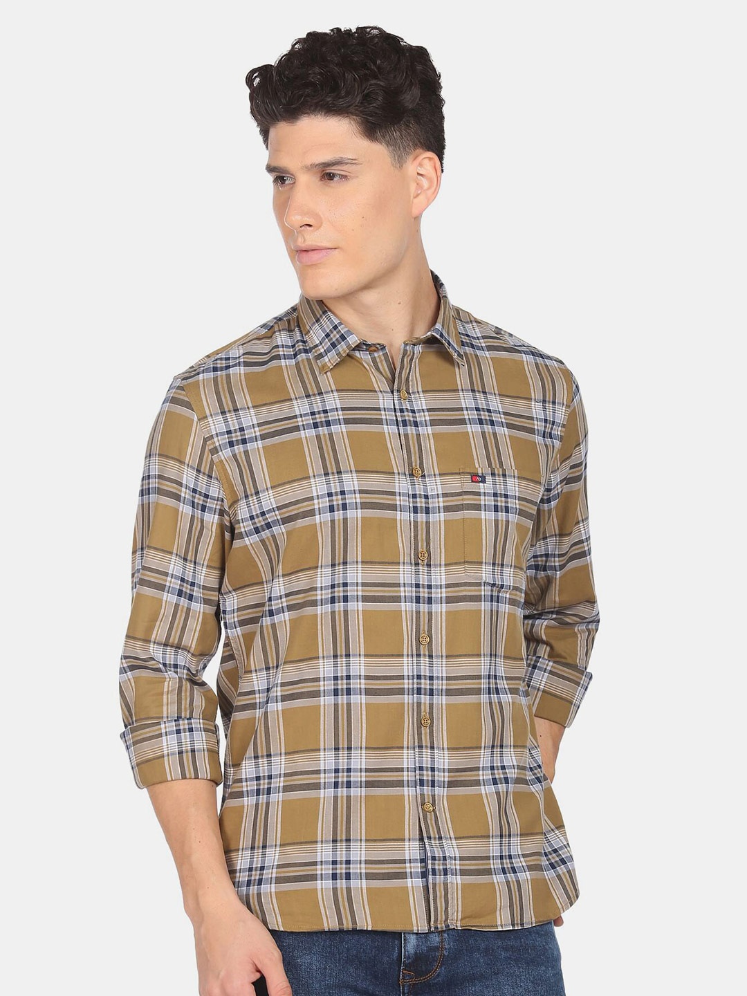 

AD By Arvind Men Cotton Slim Fit Tartan Checks Checked Casual Shirt, Khaki