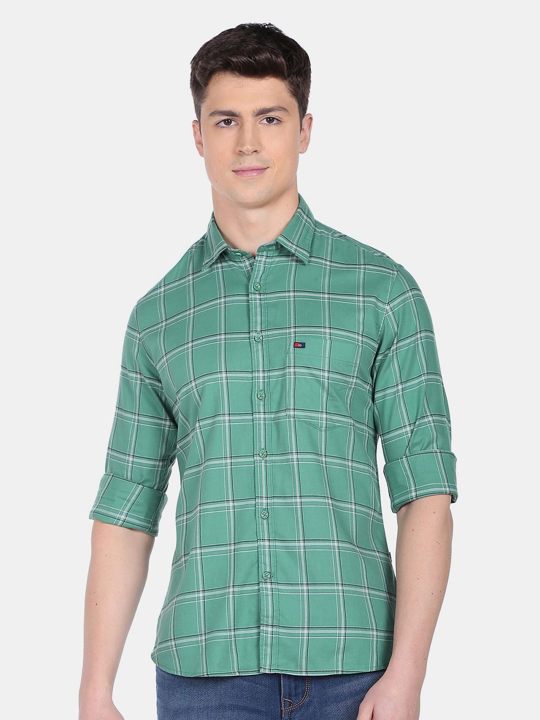 

AD By Arvind Men Green Cotton Slim Fit Windowpane Checks Checked Casual Shirt