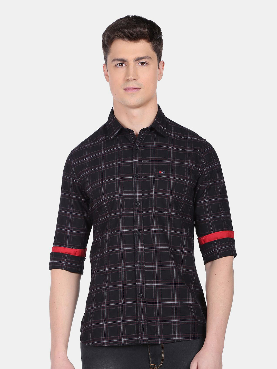 

AD By Arvind Men Cotton Slim Fit Windowpane Checks Checked Casual Shirt, Black