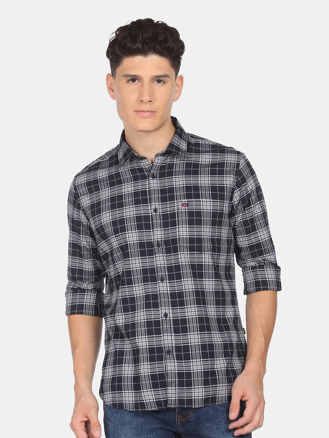 

AD By Arvind Men Navy Blue Slim Fit Tartan Checked Pure Cotton Casual Shirt