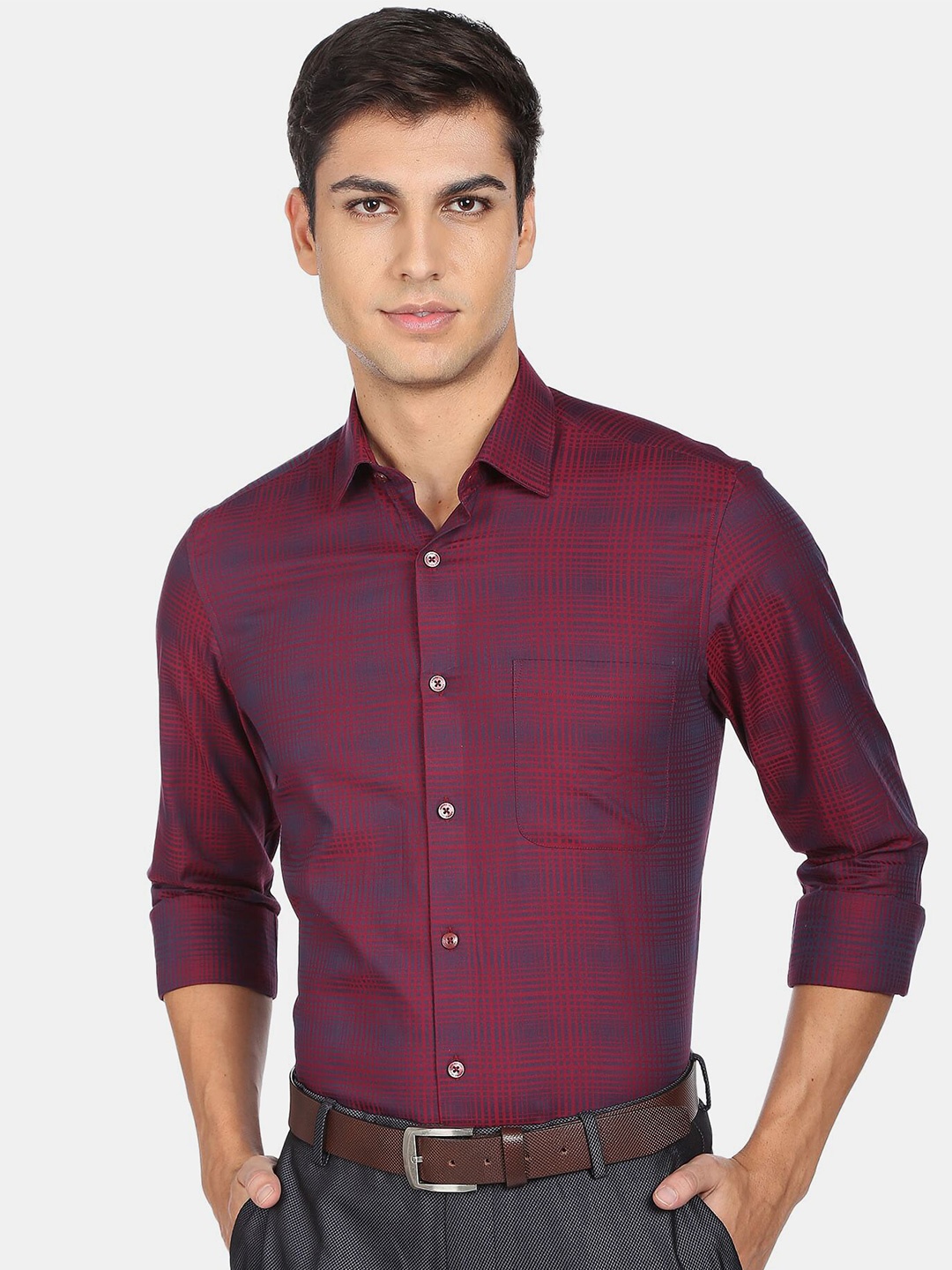 

AD By Arvind Men Maroon Checked Pure Cotton Formal Shirt