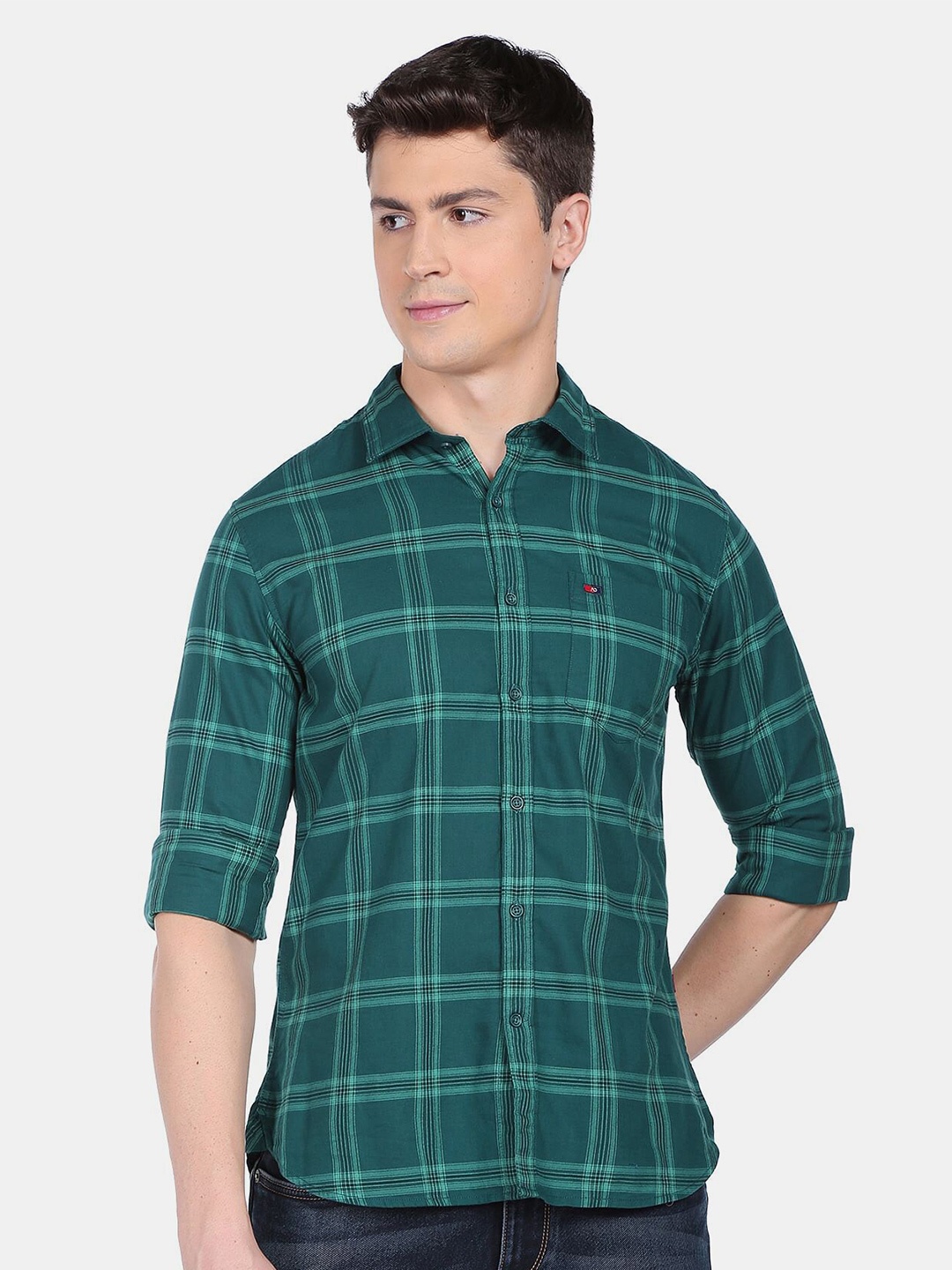 

AD By Arvind Men Slim Fit Tartan Checked Pure Cotton Casual Shirt, Green