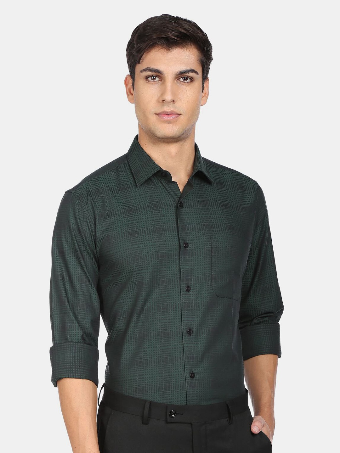 

AD By Arvind Men Tartan Checked Pure Cotton Formal Shirt, Green