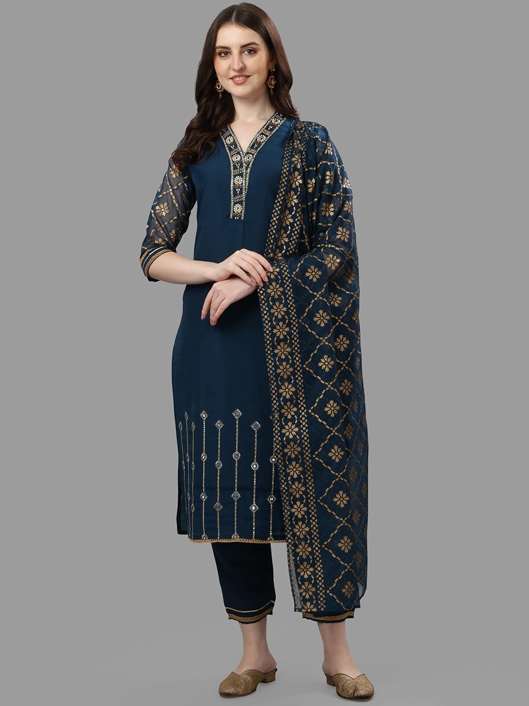 

Berrylicious Women Ethnic Embroidered Beads and Stones Kurta with Trousers & Dupatta, Navy blue