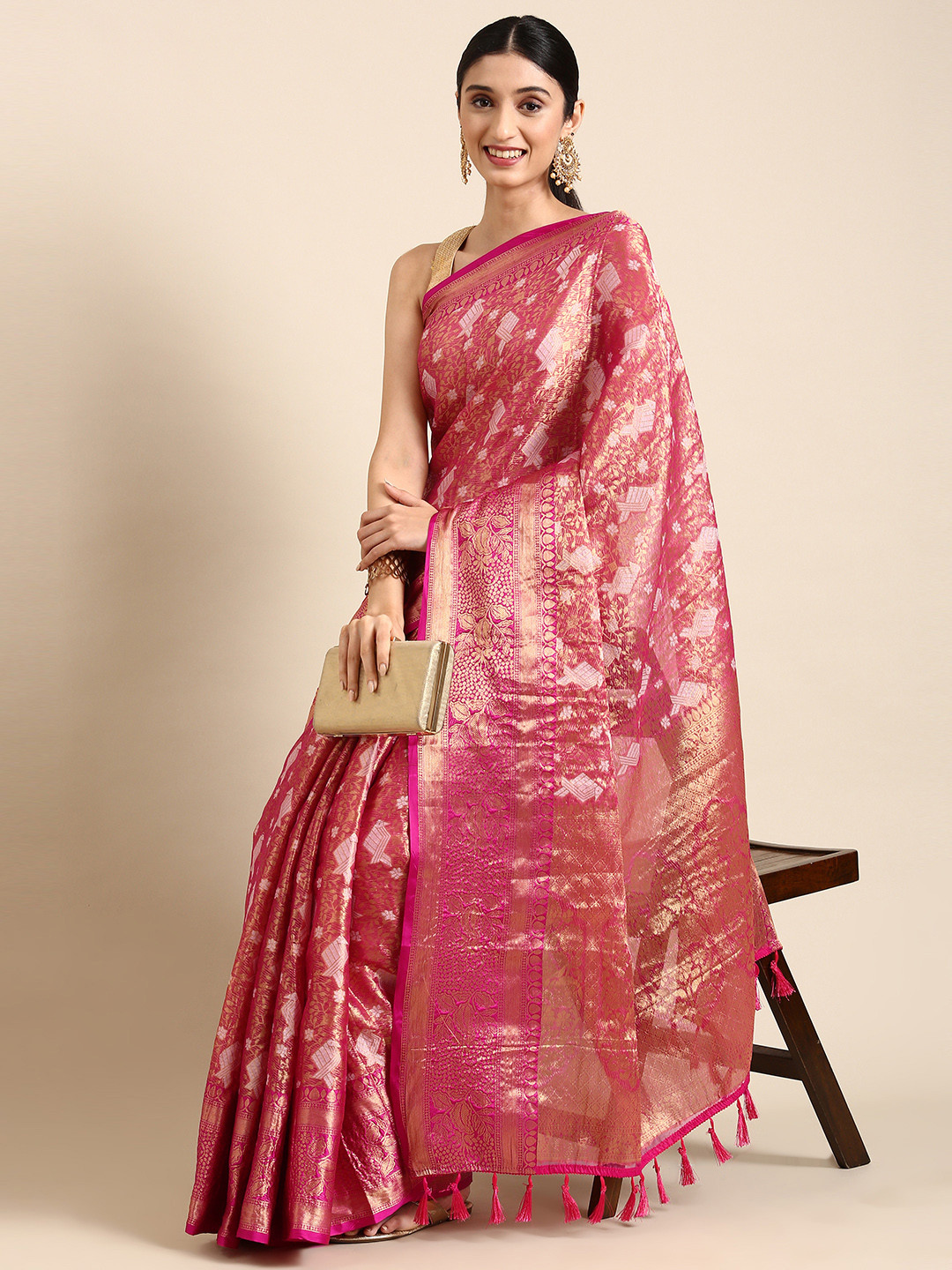 

MARGI DESIGNERS Woven Design Zari Art Silk Kanjeevaram Saree, Pink