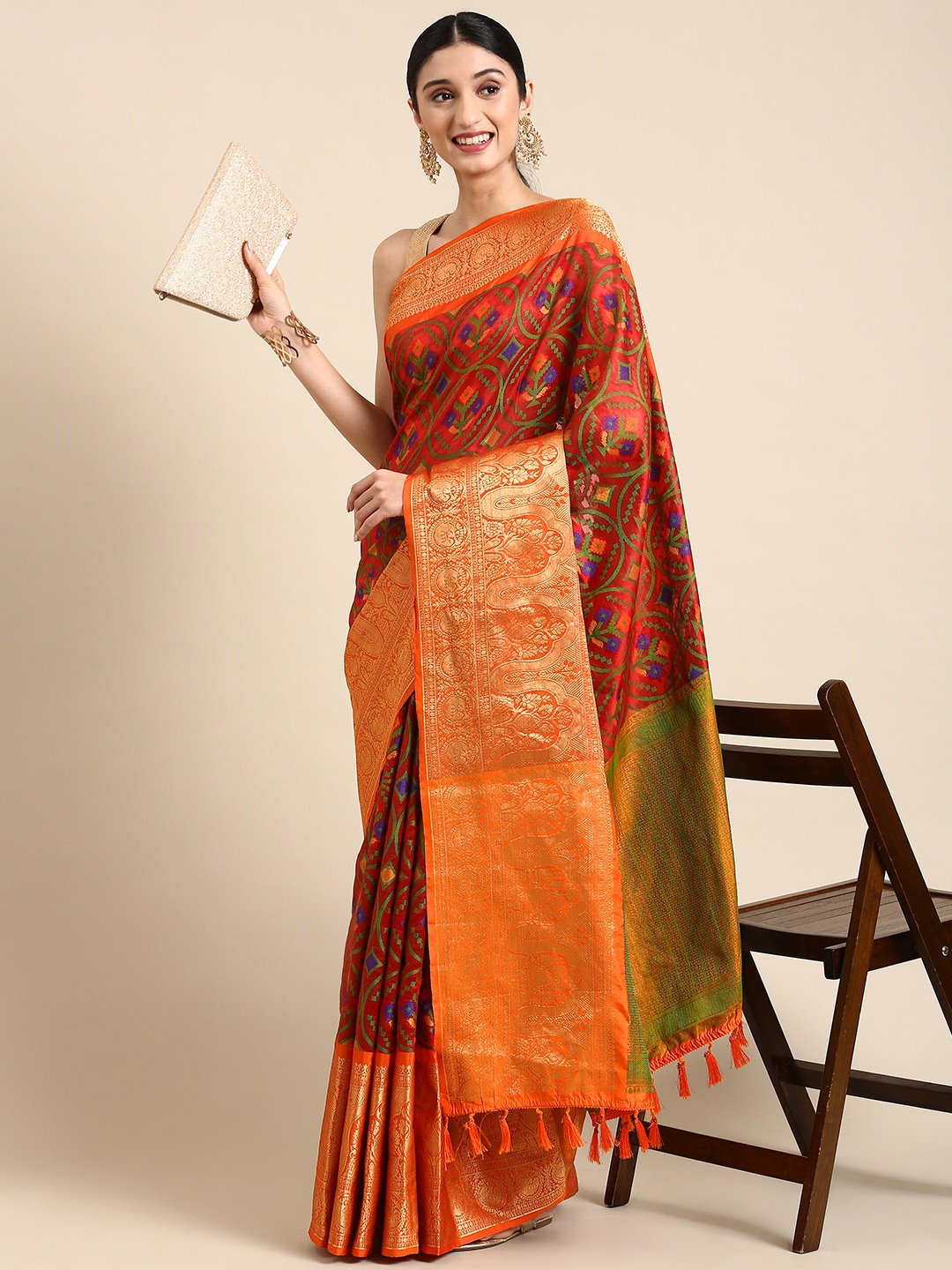 

MARGI DESIGNERS Woven Design Zari Art Silk Patola Saree, Red