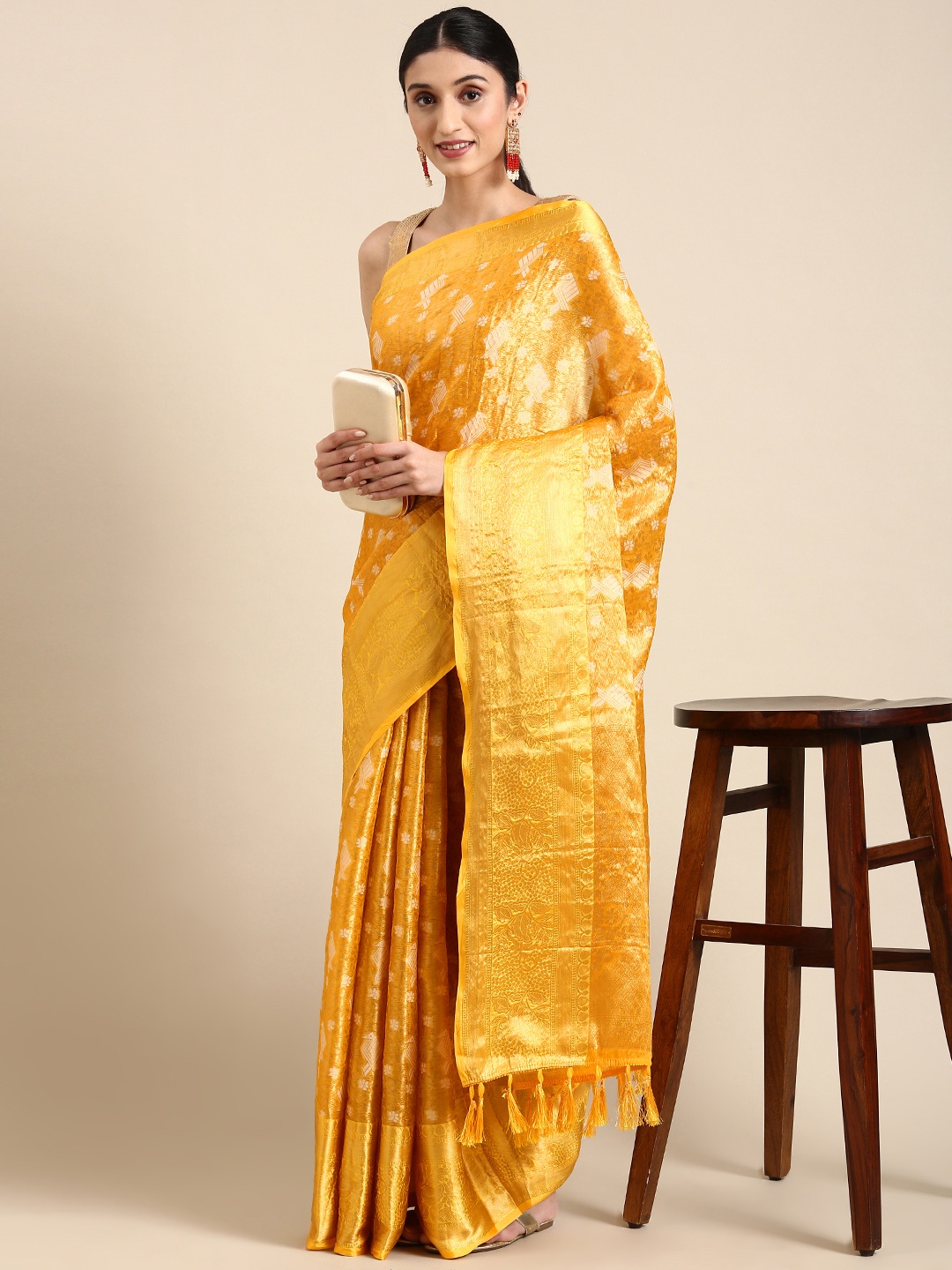 

MARGI DESIGNERS Woven Design Zari Art Silk Kanjeevaram Saree, Yellow