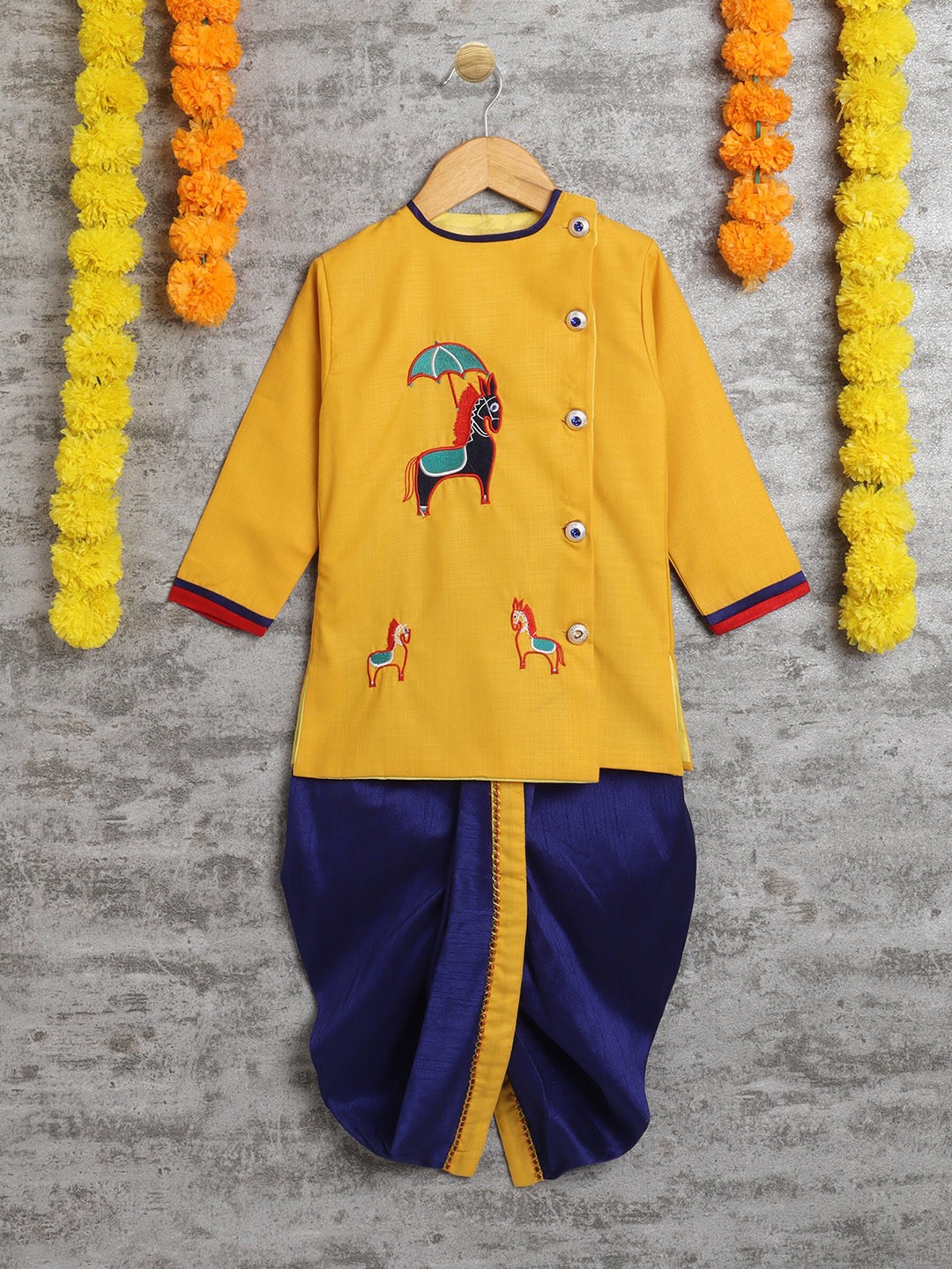 

ahhaaaa Boys Embroidered Angrakha Kurta with Dhoti Pants, Mustard