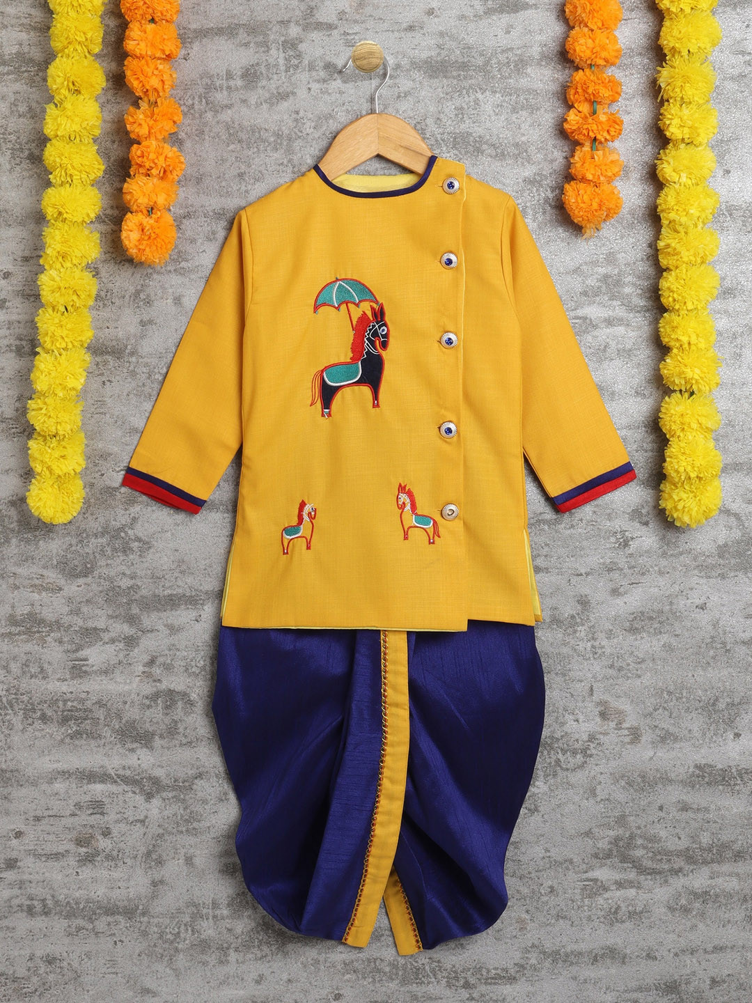 

ahhaaaa Boys Embroidered Angrakha Kurta with Dhoti Pants, Mustard