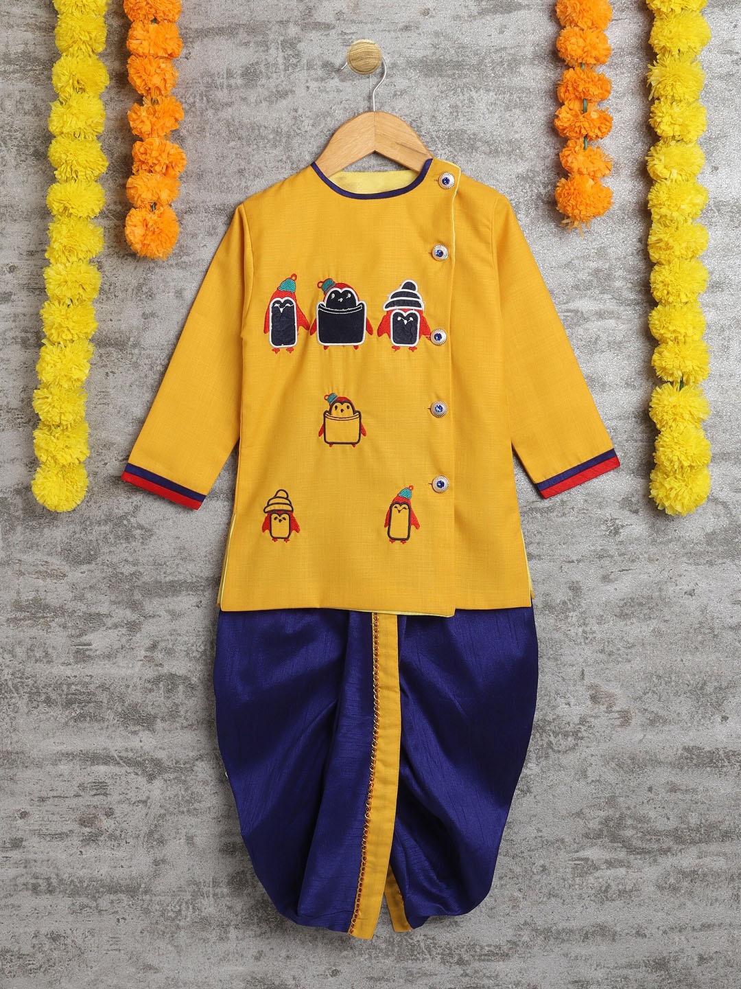 

ahhaaaa Boys Embroidered Angrakha Thread Work Kurta with Dhoti Pants, Mustard