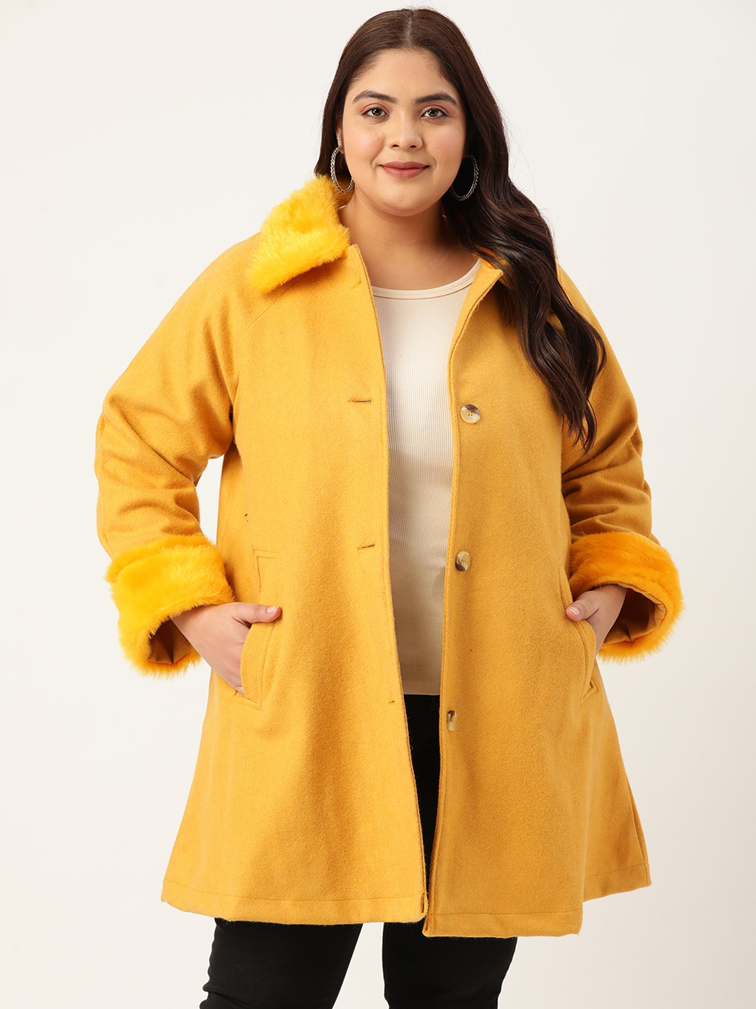 

theRebelinme Women Plus Size Spread Collar Longline Overcoat With Faux Fur Detail, Mustard