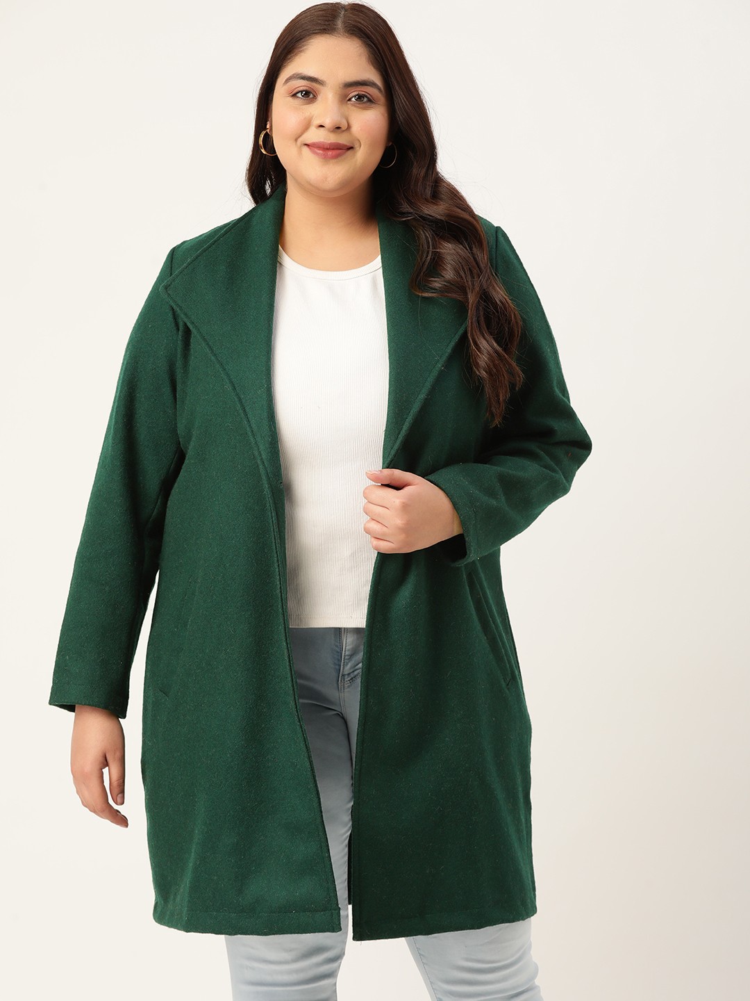 

theRebelinme Women Plus Size Spread Collar Longline Overcoat, Green