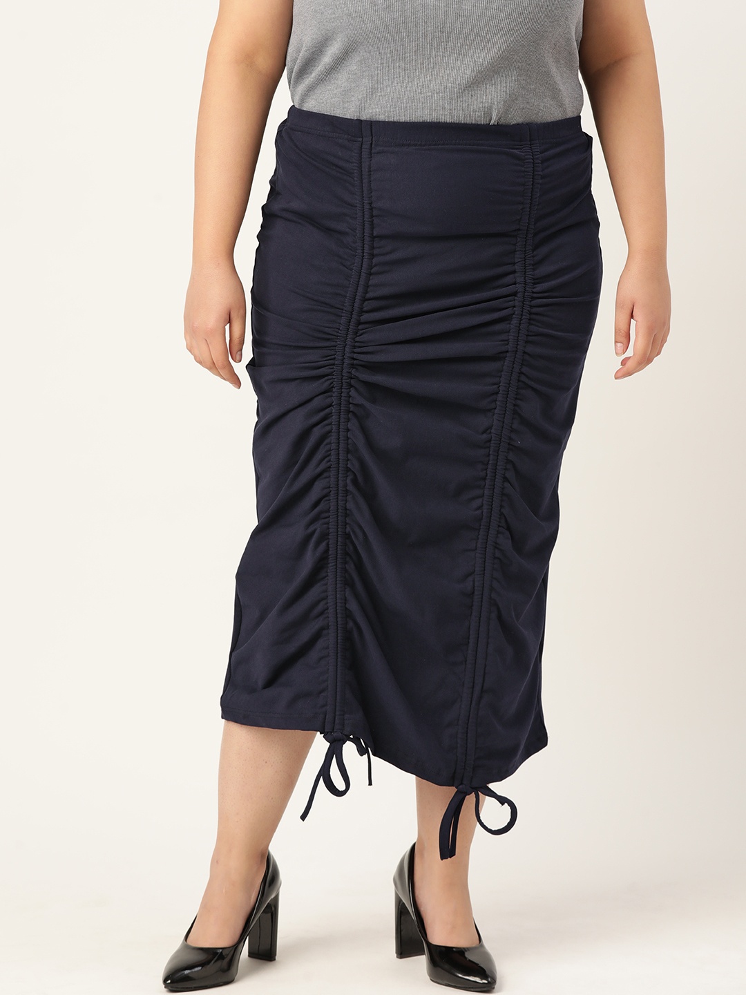 

theRebelinme Women Plus Size Ruched Midi Skirt, Navy blue