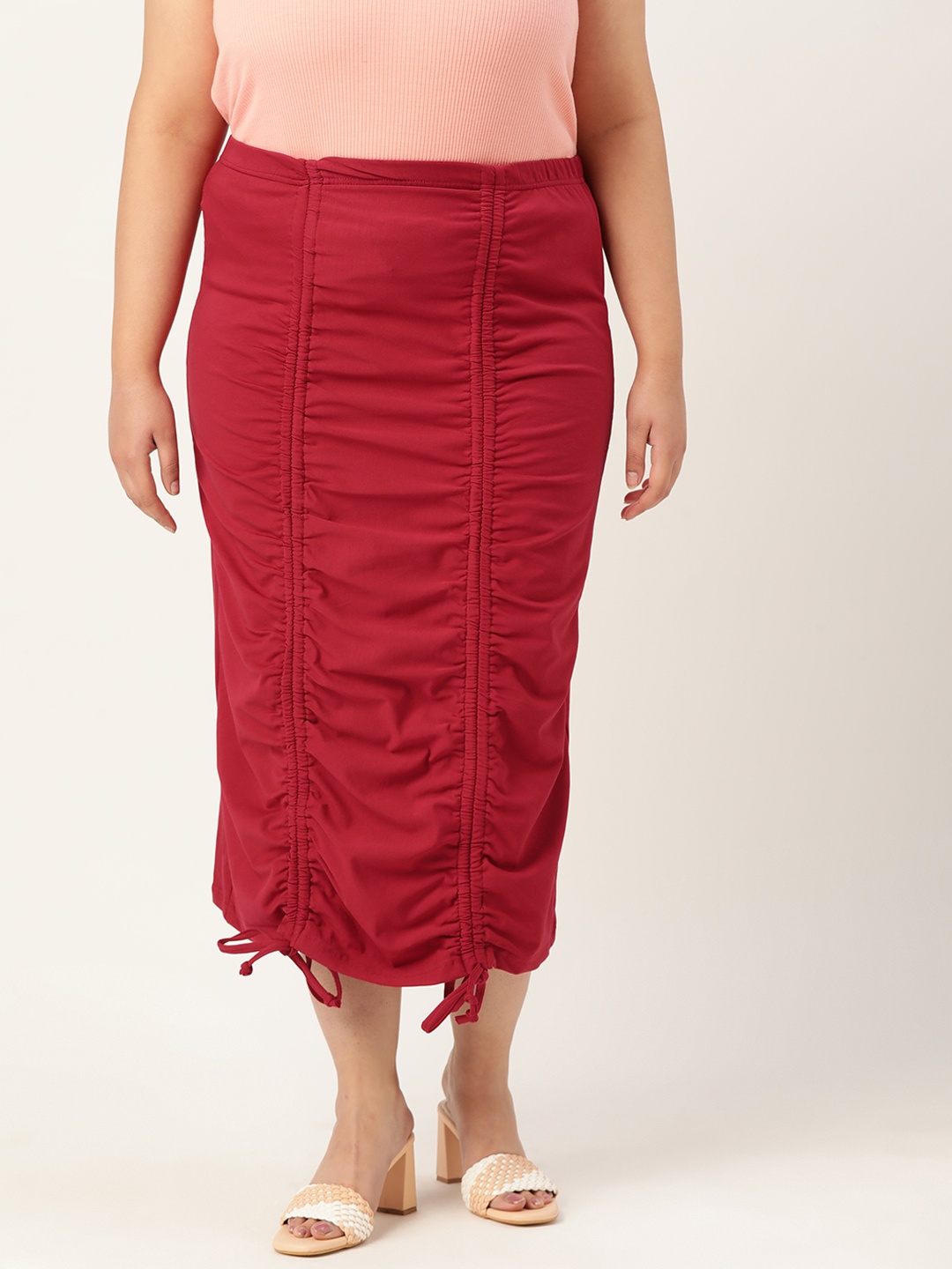 

theRebelinme Women Plus Size Ruched Midi Skirt, Maroon