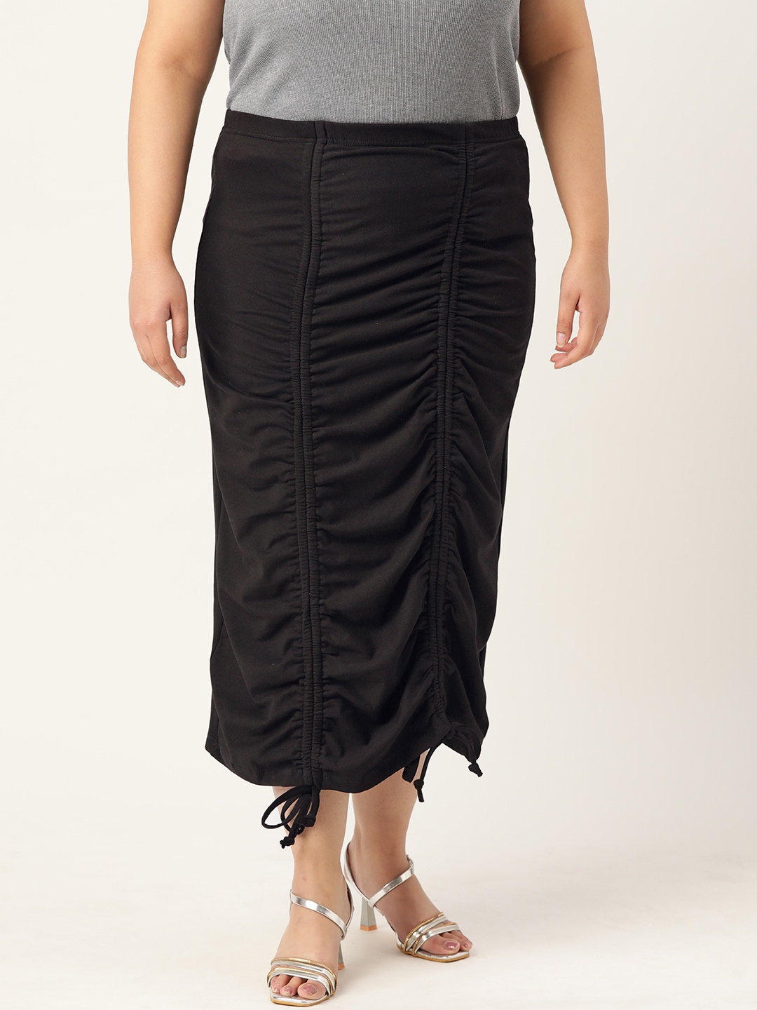 

theRebelinme Women Plus Size Ruched Midi Skirt, Black