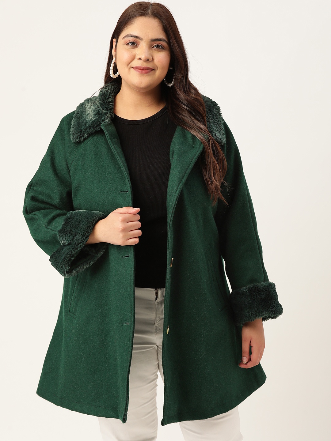

theRebelinme Women Plus Size Spread Collar Longline Overcoat With Faux Fur Detail, Green