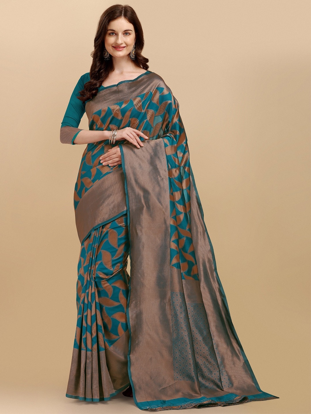 

TEREZA Turquoise Blue & Copper-Toned Woven Design Zari Pure Silk Kanjeevaram Saree